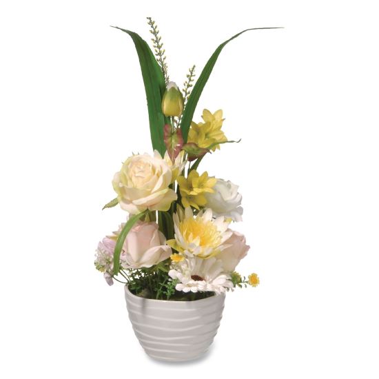 Spring White Daises and Roses Flowerpot, 9" x 9" x 17", White Flowers, White Pot1