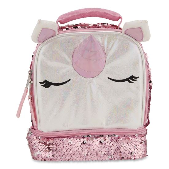 Insulated Animal Themed Lunch Bag, Unicorn Theme, Iridescent PU Shell with Sequins, 7.5 x 5 x 9, White/Pink1