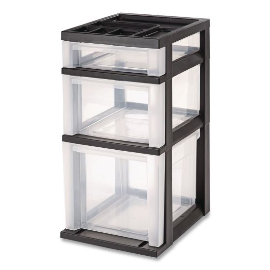 Three-Drawer Stand with Plastic Organizer Top, Plastic, 12.08 x 14.87 x 24, Clear/Black1