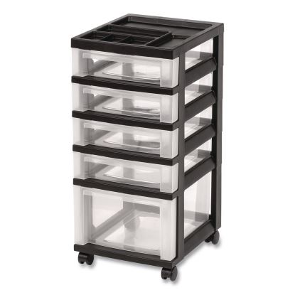 Five-Drawer Rolling Cart with Organizer Top, Plastic, 12.13 x 14.38 x 26.38, Clear/Black1