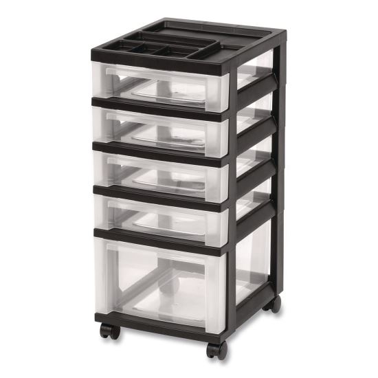 Five-Drawer Rolling Cart with Organizer Top, Plastic, 12.13 x 14.38 x 26.38, Clear/Black1