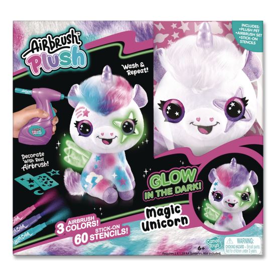 Airbrush Plush Glow-in-the-Dark Unicorn with Airbrush Tool, (3) Washable Ink Tubes and (60) Stick-On Stencils, Ages 6 and Up1