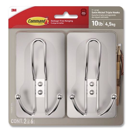 Decorative X-Large Triple Hooks, Metal, Satin Nickel, Supports 10 lb, 2/Pack1