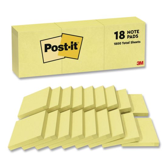 Original Pads in Canary Yellow, Note Ruled, 3" x 3", 100 Sheets/Pad, 18 Pads/Pack1