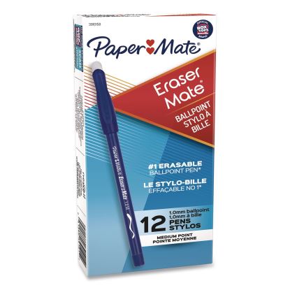 Eraser Mate Ballpoint Pen, Stick, Medium 1 mm, Blue Ink, Blue Barrel, Dozen1