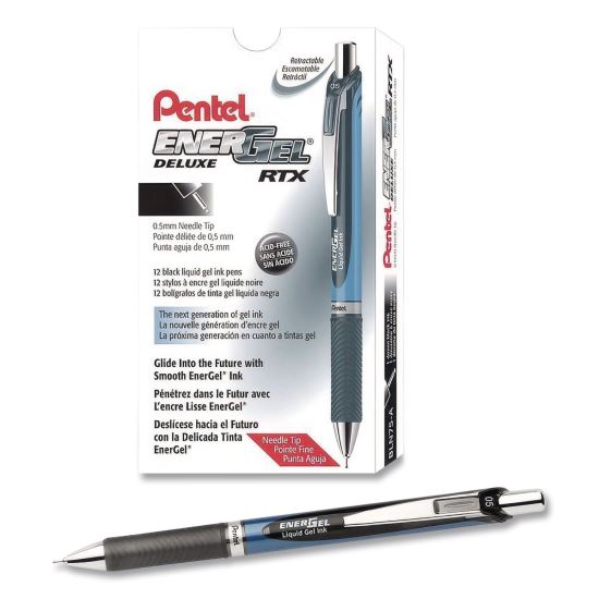 EnerGel RTX Deluxe Gel Pen, Retractable, Fine 0.5 mm, Black Ink, Black/Blue Barrel, Dozen1