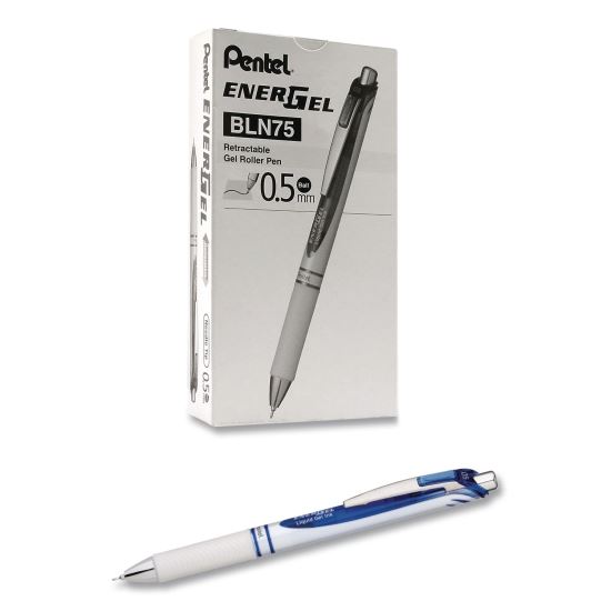 EnerGel Pearl Deluxe RTX Gel Pen, Retractable, Fine 0.5 mm, Blue Ink, Pearl White/Black Barrel, Dozen1