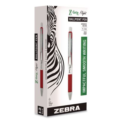 Z-Grip Flight Ballpoint Pen, Retractable, Bold 1.2 mm, Red Ink, Red/White/Silver Barrel, Dozen1