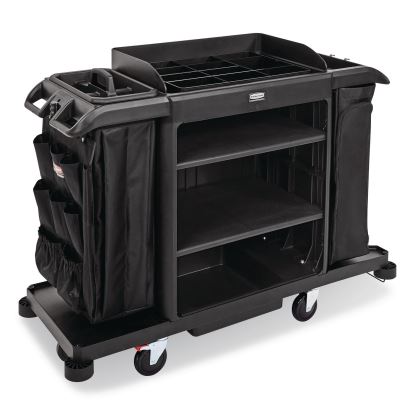 Full Size Housekeeping Cart with Accessory Bundle, Resin, 3 Shelves, 2 Bins, 24.4 x 62.4 x 49, Black1