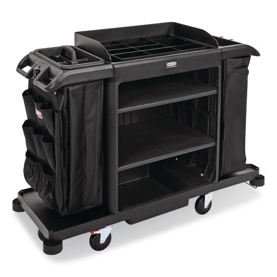 Full Size Housekeeping Cart with Accessory Bundle, Resin, 3 Shelves, 2 Bins, 24.4 x 62.4 x 49, Black1