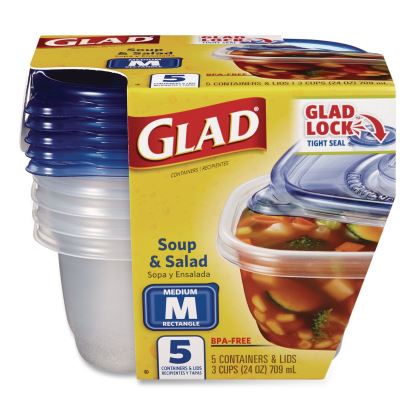 Soup and Salad Containers, Medium Rectangle, 24 oz, 6.49 x 4.86 x 2.98, Clear/Bue, Plastic, 5/Pack1