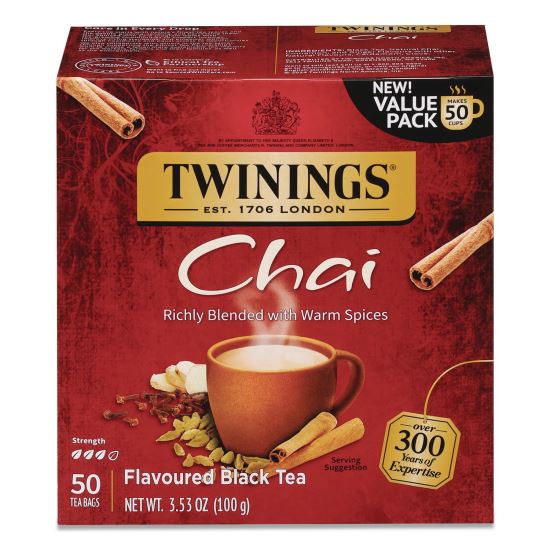 Tea Bags, Chai Black Tea, 0.07 oz Tea Bag, 50/Box1