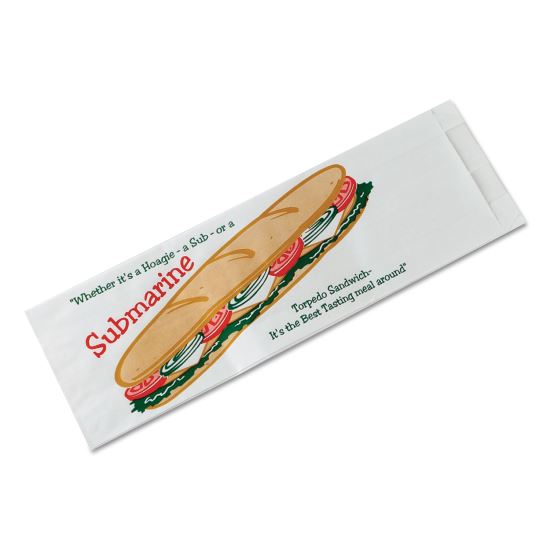 Sub Sandwich Bags, Submarine: Torpedo Sandwich Icon Labeling, 4.5" x 2" x 14", White/Red/Green, 1,000/Carton1