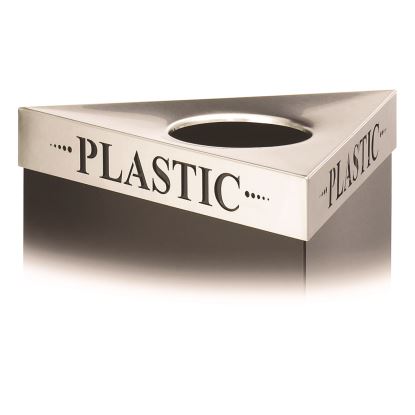 Triangular Lid for Trifecta Receptacle, Laser Cut "PLASTIC" Inscription, 20w x 20d x 3h, Stainless Steel1