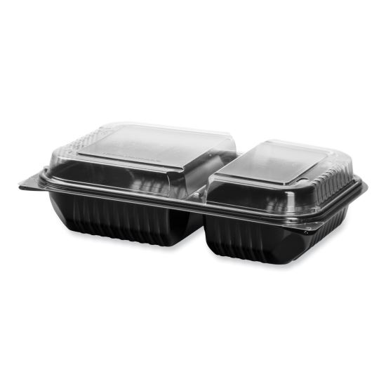 Creative Carryouts Hinged Plastic Hot Deli Boxes, 2 Compartments, 8.05 x 11.5 x 2.95, Black/Clear, 100/Carton1