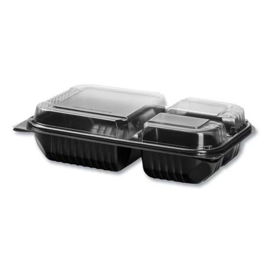 Hinged-Lid Dinner Box, 3 Compartments, 32 oz, 11.5 x 8.1 x 3, Black/Clear, Plastic, 100/Carton1