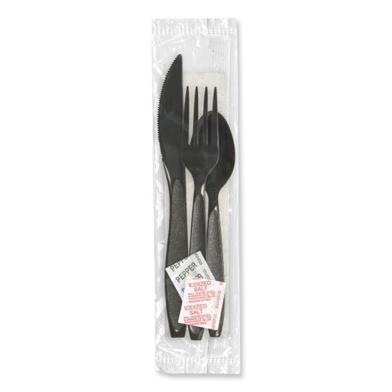 Impress Heavyweight Full-Length Polystyrene Cutlery Kit, Fork/Knife/Napkin/Pepper/Salt/Spoon, Plastic, Black, 750/Carton1