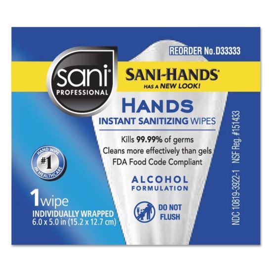 Hands Instant Sanitizing Wipes, Individually Wrapped Wipes, 1-Ply, 5 x 7.75, Unscented, White, 3,000 Packets/Carton1
