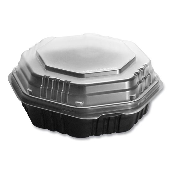 OctaView Hinged-Lid Hot Food Containers, 7.47 x 7.94 x 3.11, Black/Clear, Plastic, 100/Carton1