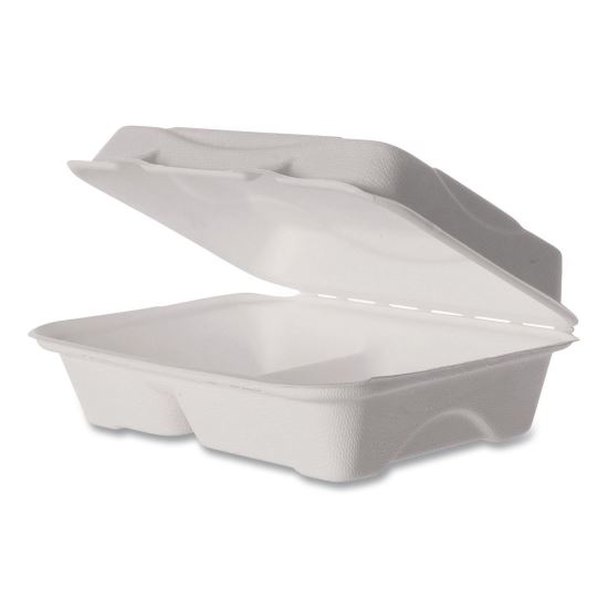 Vanguard Renewable and Compostable Sugarcane Clamshells, 3 Compartments, 9 x 6 x 3, White, 250/Carton1
