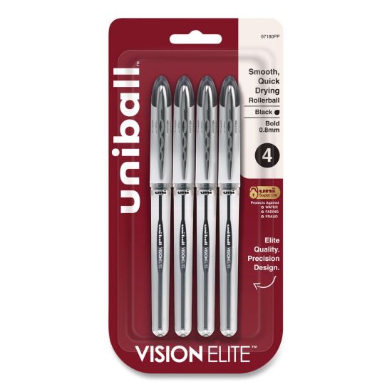 VISION ELITE Rollerball Pen, Stick, Bold 0.8 mm, Black Ink, White/Black/Clear Barrel, 4/Pack1