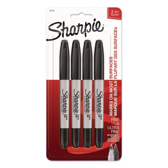 Twin-Tip Permanent Marker, Extra-Fine/Fine Tip, Black, 4/Pack1