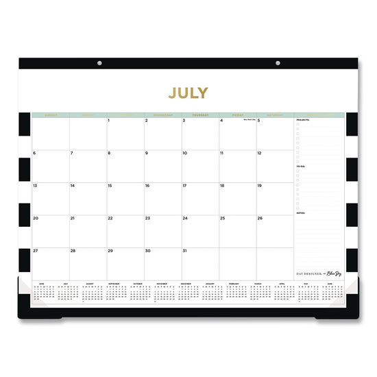 Day Designer Rugby Stripe Academic Desk Pad Calendar, 22 x 17, White/Black/Gold Sheets, 12-Month: July 2025 to June 20261