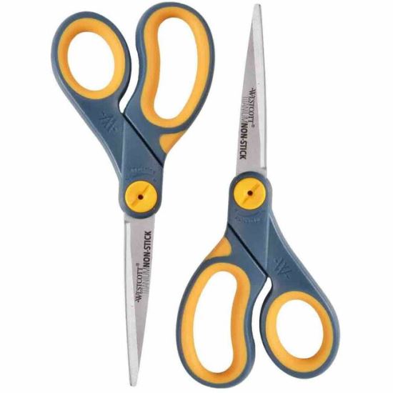 Westcott Titanium Bonded Non-Stick Scissors, 8" , Pointed, Gray/Yellow, Pack Of 2 1