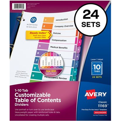 Avery&reg; Ready Index(R) 10 Tab Binder Dividers, Customizable Table of Contents, Multicolor Tabs, 24 Sets (11169) 1