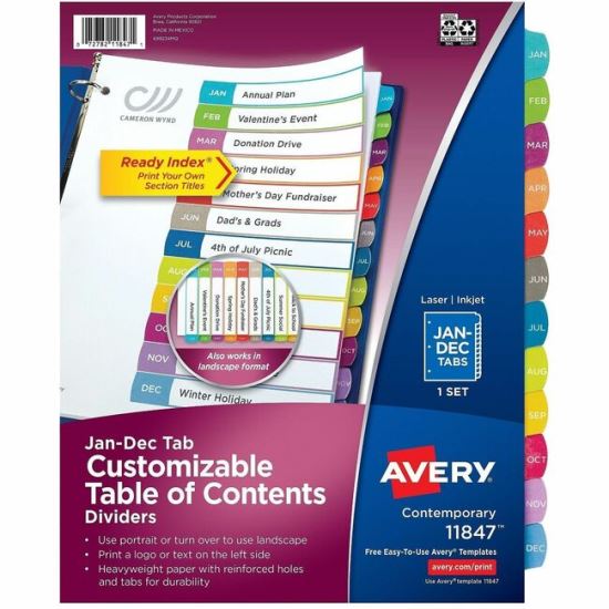 Avery Jan-Dec Dividers, 12 Tabs, Ready Index, Arched Tabs (11847) 1