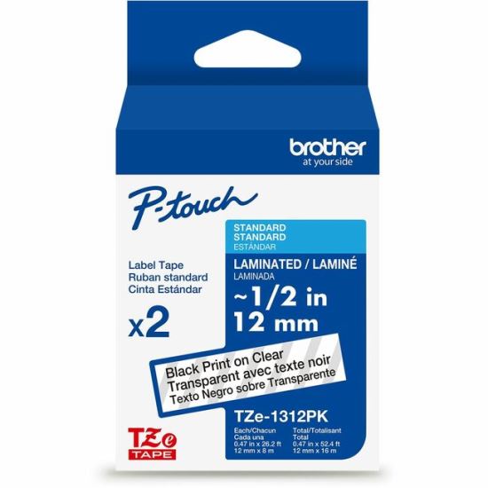 Brother Genuine P-touch TZe1312PK BK on CLR Label Tapes, Laminated, 12mmX8m each 1