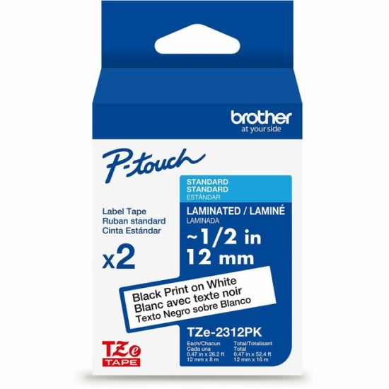 Brother Genuine P-touch TZe2312PK BK on WHT Label Tapes, Laminated, 12mmX8m each 1