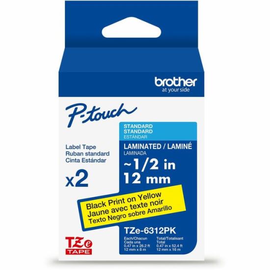 Brother Genuine P-touch TZe6312PK BK on YL Label Tapes, Laminated, 12mmX8m each 1