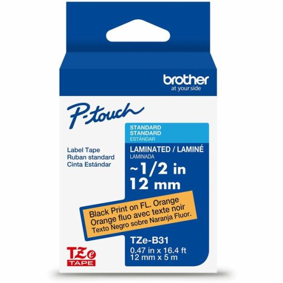 Brother Genuine P-touch TZeB31 BK on FLUOR ORG Label Tape, Laminated, 12mmX5m 1
