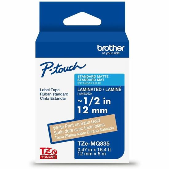 Brother Genuine P-touch TZeMQ835 WHT on SATIN GLD Label Tape, Laminated, 12mmX5m 1