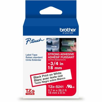 Brother Genuine P-touch TZeS241 BK on WHT Label Tape, Strong Adhesive Lam., 18mmX8m 1