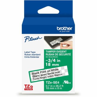Brother Genuine P-touch TZeSE4 BK on WHT Tamper-Evident Label Tape, Laminated, 18mmX8m 1