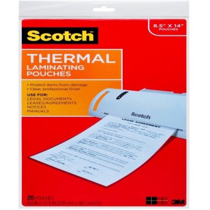 Scotch Thermal Laminating Pouches, 8-1/2" x 14" , Clear, Pack Of 20 Sheets, TP3855-20 1