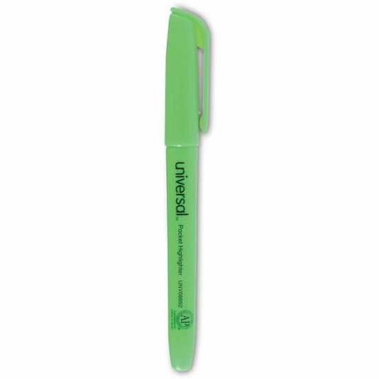 Universal Pocket Highlighters, Fluorescent Green Ink, Chisel Tip, Green Barrel, Dozen 1