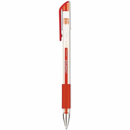 Universal Comfort Grip Gel Pen, Stick, Medium 0.7 mm, Red Ink, Clear/Red Barrel, Dozen 1