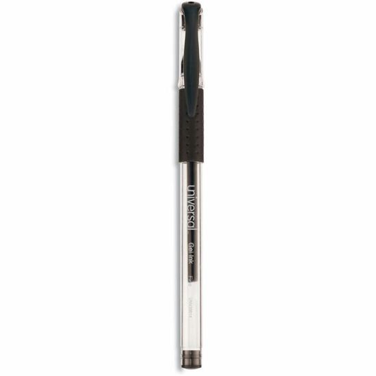 Universal Comfort Grip Gel Pen, Stick, Fine 0.5 mm, Black Ink, Clear/Black Barrel, Dozen 1