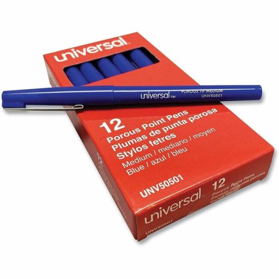 Universal Porous Point Pen, Stick, Medium 0.7 mm, Blue Ink, Blue Barrel, Dozen 1