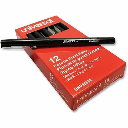 Universal Porous Point Pen, Stick, Medium 0.7 mm, Black Ink, Black Barrel, Dozen 1