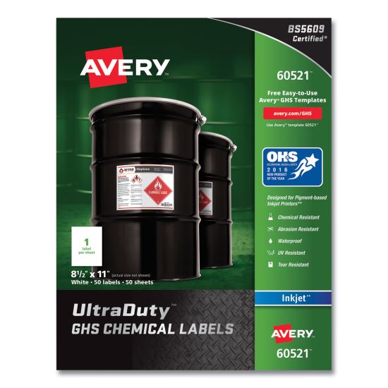 UltraDuty GHS Chemical Waterproof and UV Resistant Labels, 8.5 x 11, White, 50/Pack 1