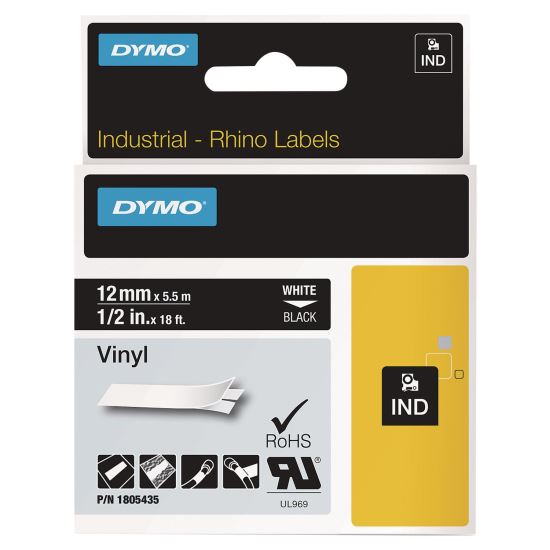 Rhino Permanent Vinyl Industrial Label Tape, 0.5" x 18 ft, Black/White Print 1