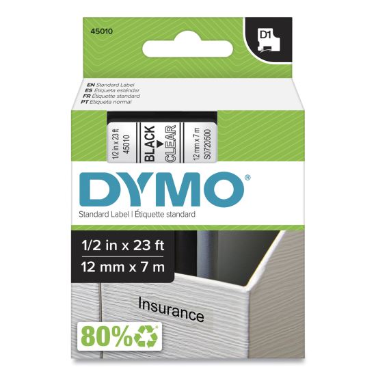 D1 High-Performance Polyester Removable Label Tape, 0.5" x 23 ft, Black on Clear 1