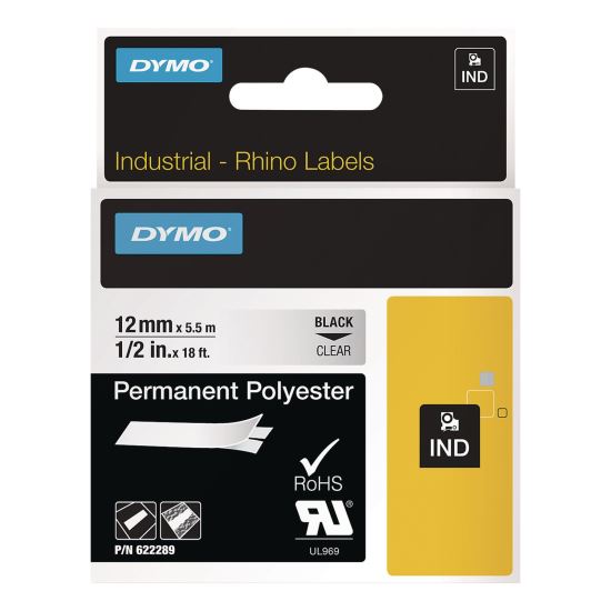 Rhino Permanent Vinyl Industrial Label Tape, 0.5" x 18 ft, Clear/Black Print 1