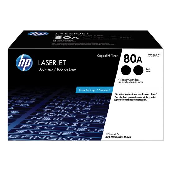 HP 80A, (CF280A-D) 2-Pack Black Original LaserJet Toner Cartridges 1