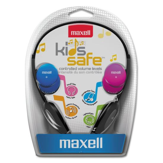 Kids Safe Headphones, 4 ft Cord, Black with Interchangeable Pink/Blue/Silver Caps 1
