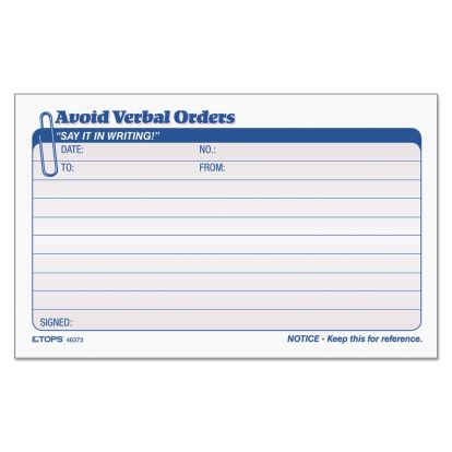 Avoid Verbal Orders Manifold Book, Two-Part Carbonless, 6.25 x 4.25, 1/Page, 50 Forms 1